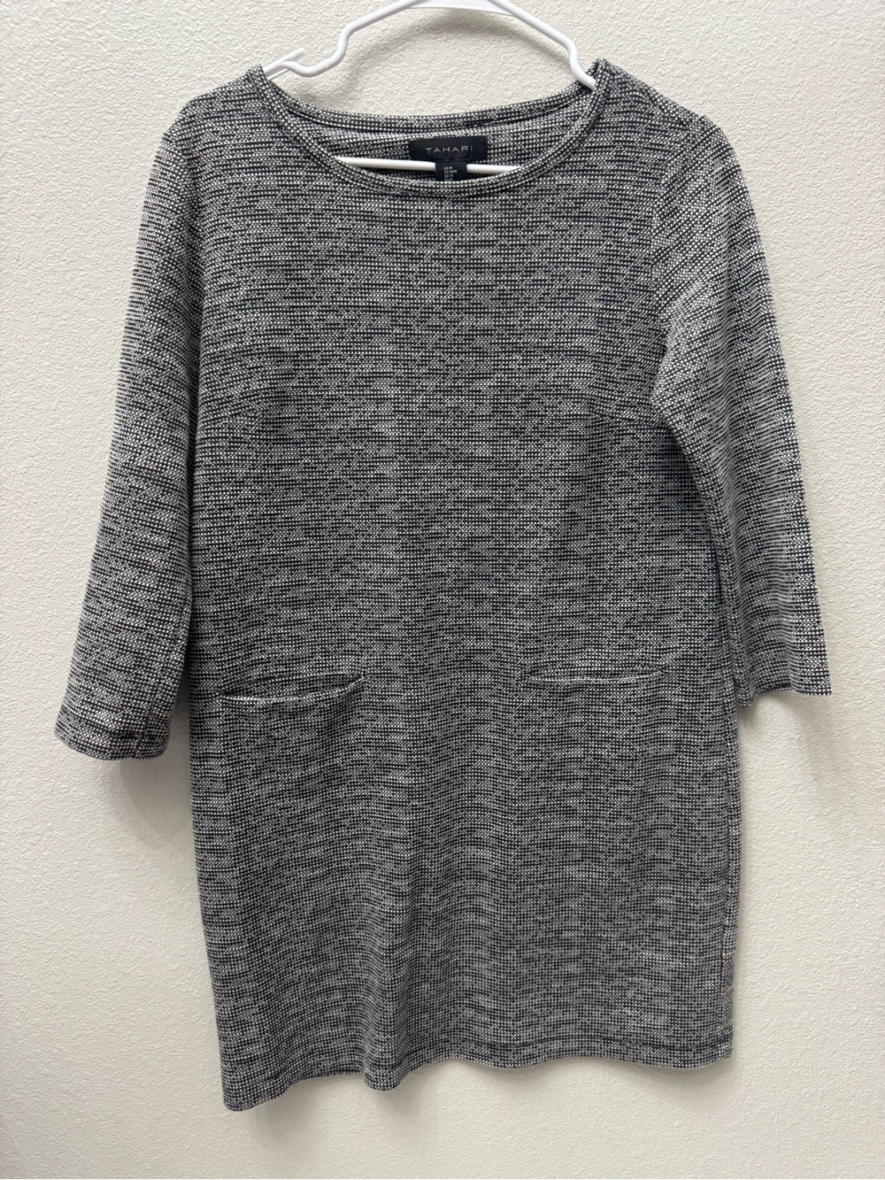 Tahari Gray Marled Knit Midi Dress with Pockets